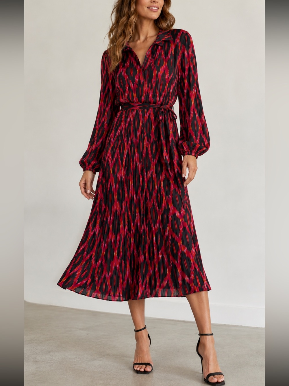 Red & Black Printed Long Sleeve Midi Dress